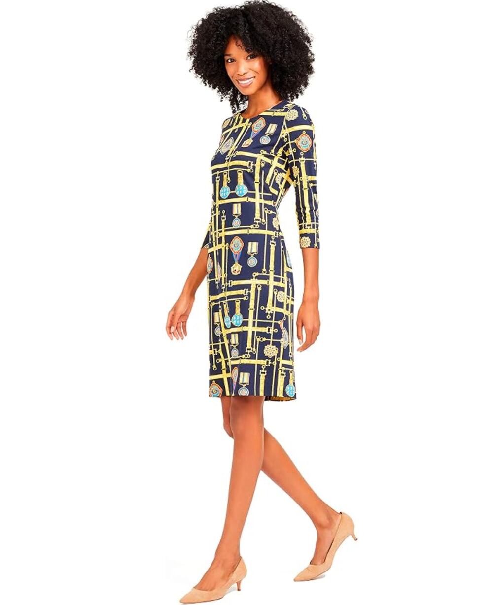 J. McLaughlin Sophia Shift Dress Small Belted Majesty Navy Gold 3/4 Sleeve Work